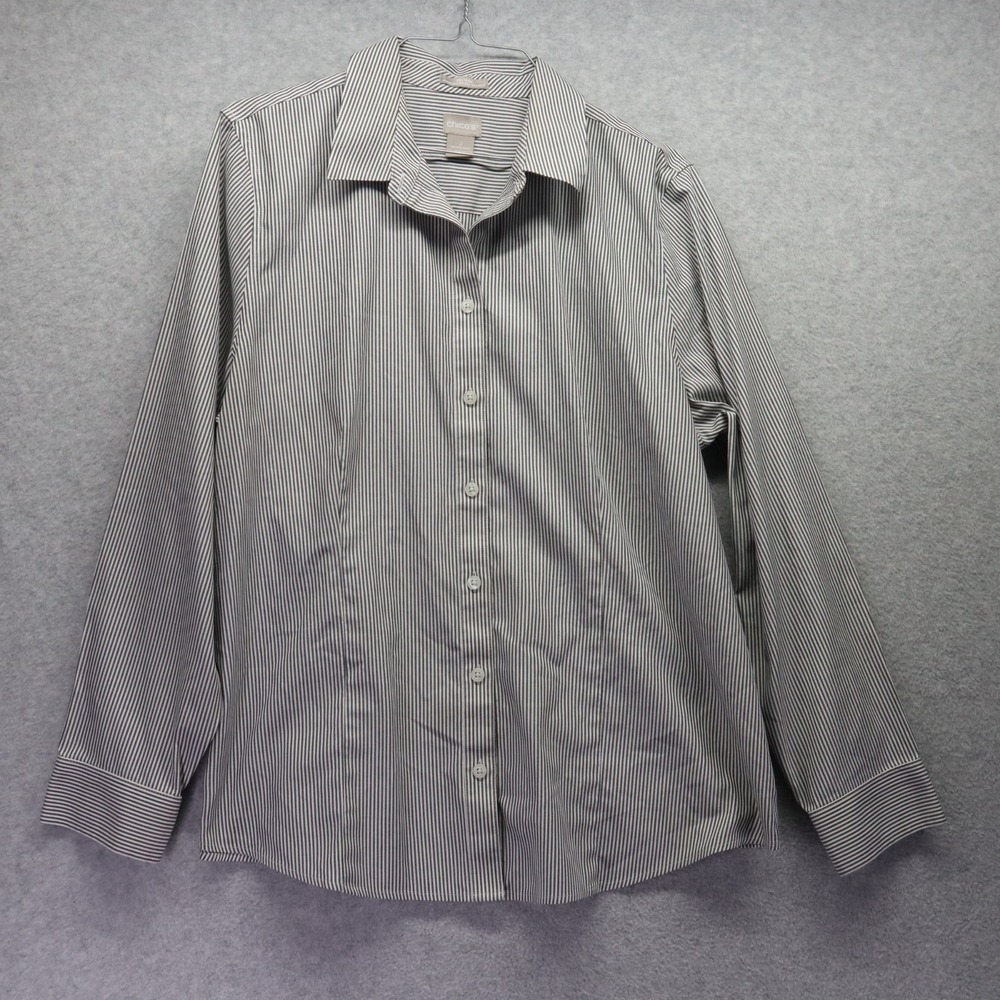 Chico's Shirt Top Womens 2 Coolmax Collared Button Up Gray Striped Long Sleeve